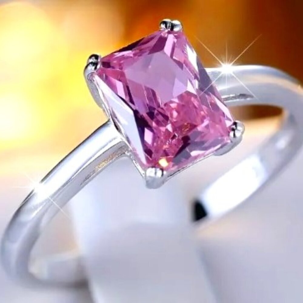 925 Sterling Silver Plated Ring w/ Square Cut Pink zirconia Stone Women size  9